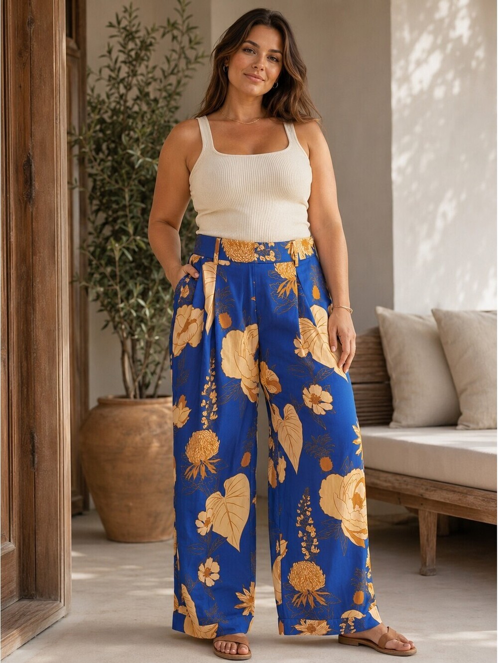 Farm Rio for Anthropologie Floral Wide Leg Pants Palazzo Blue Tan Size L NWT